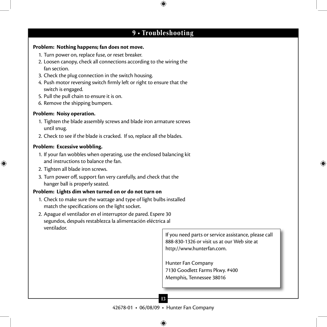 Hunter Fan 42678-01 installation manual Troubleshooting, Problem Nothing happens fan does not move, Problem Noisy operation 