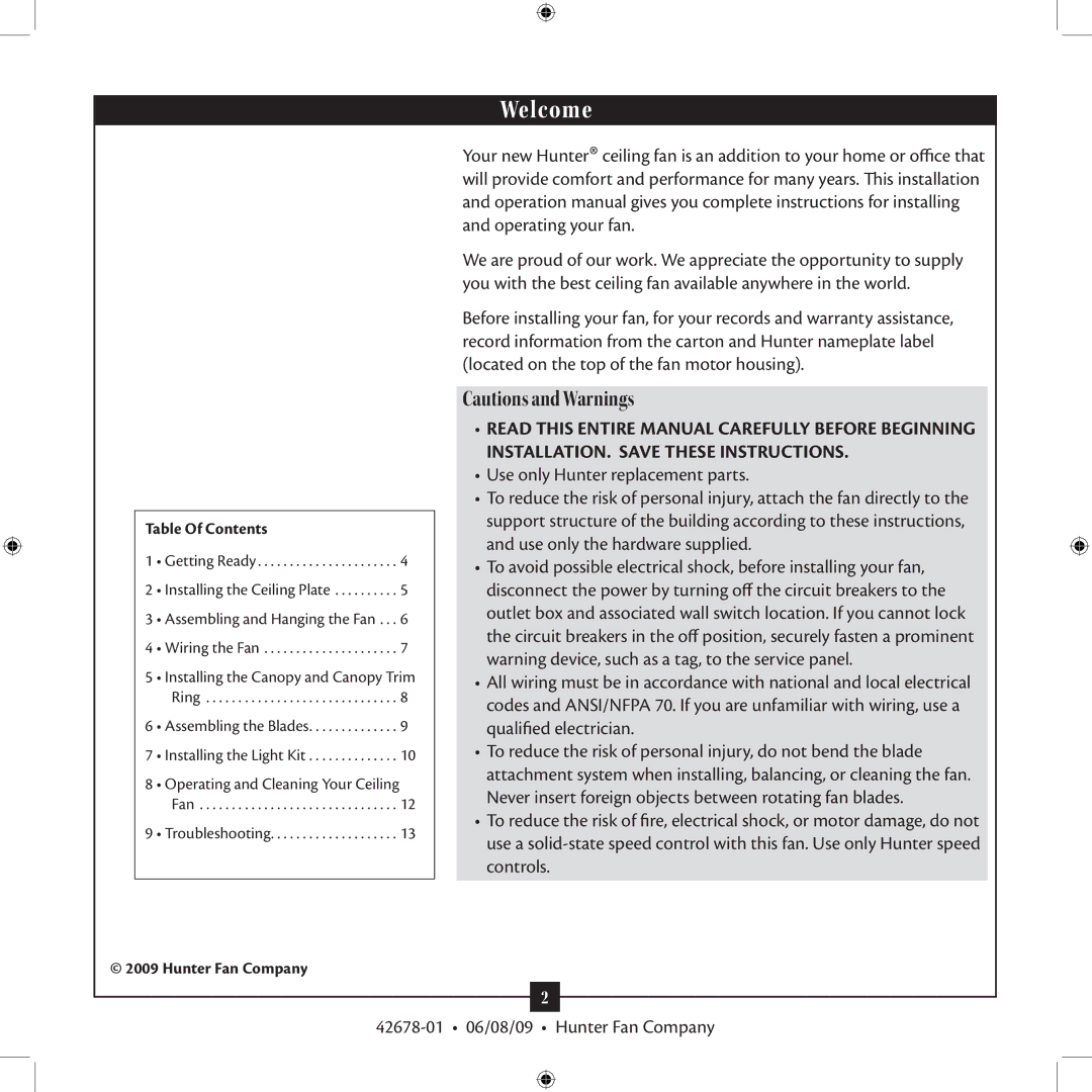 Hunter Fan 42678-01 installation manual Welcome 