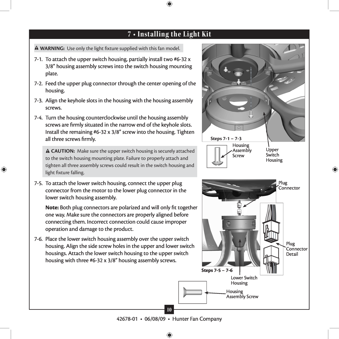 Hunter Fan 42678-01 installation manual Installing the Light Kit 