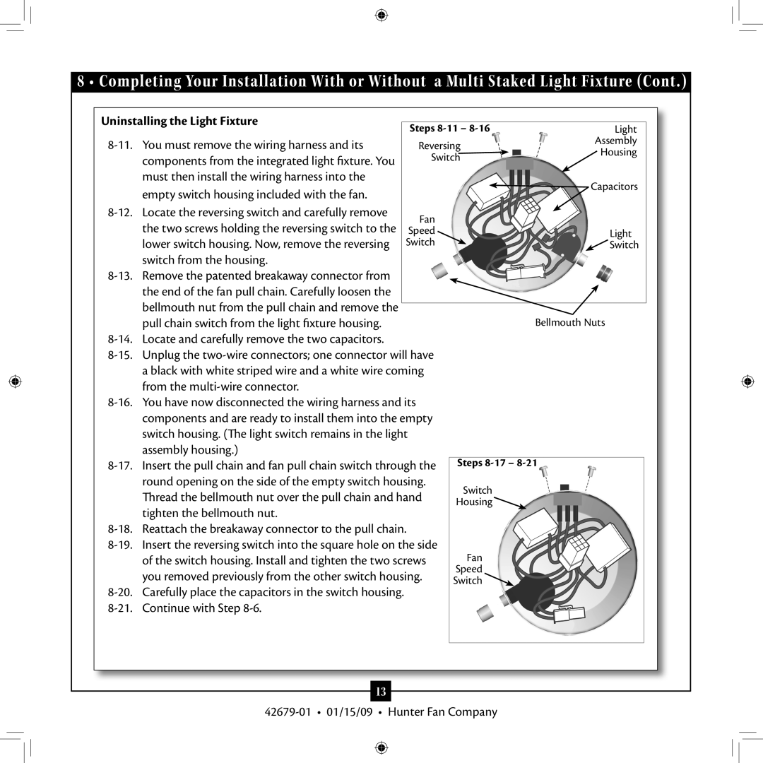 Hunter Fan 42679-01 installation manual Uninstalling the Light Fixture 