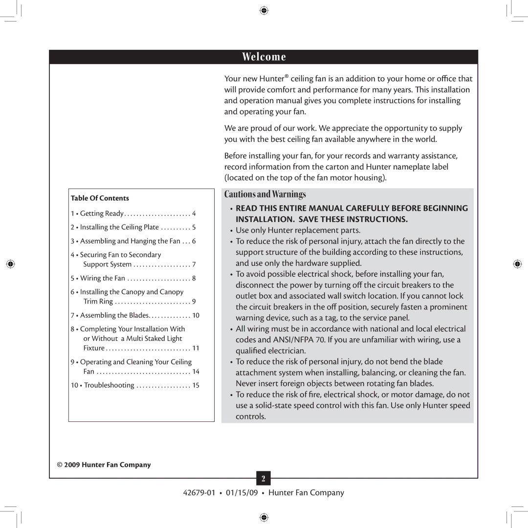 Hunter Fan installation manual 42679-01 01/15/09 Hunter Fan Company, Table Of Contents 