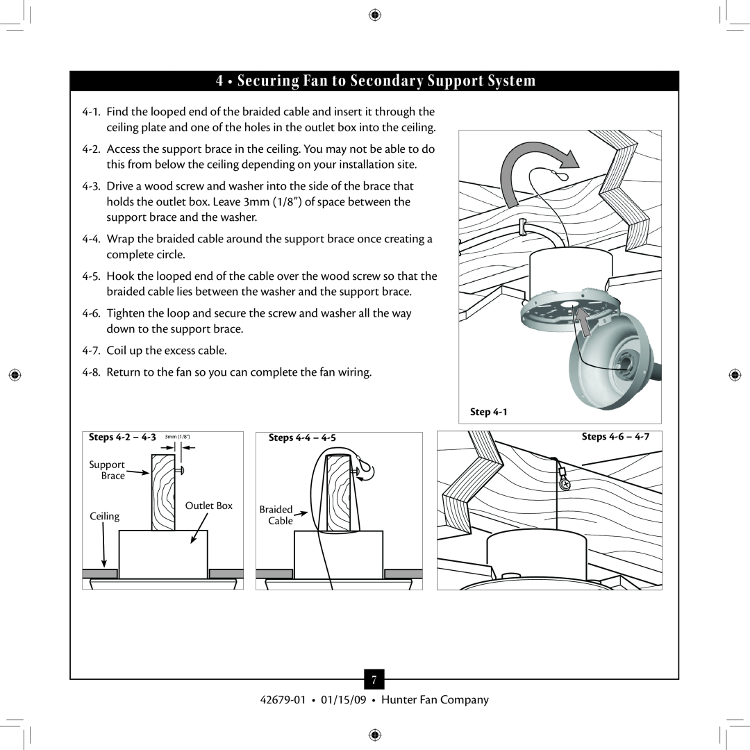 Hunter Fan 42679-01 installation manual Securing Fan to Secondary Support System 