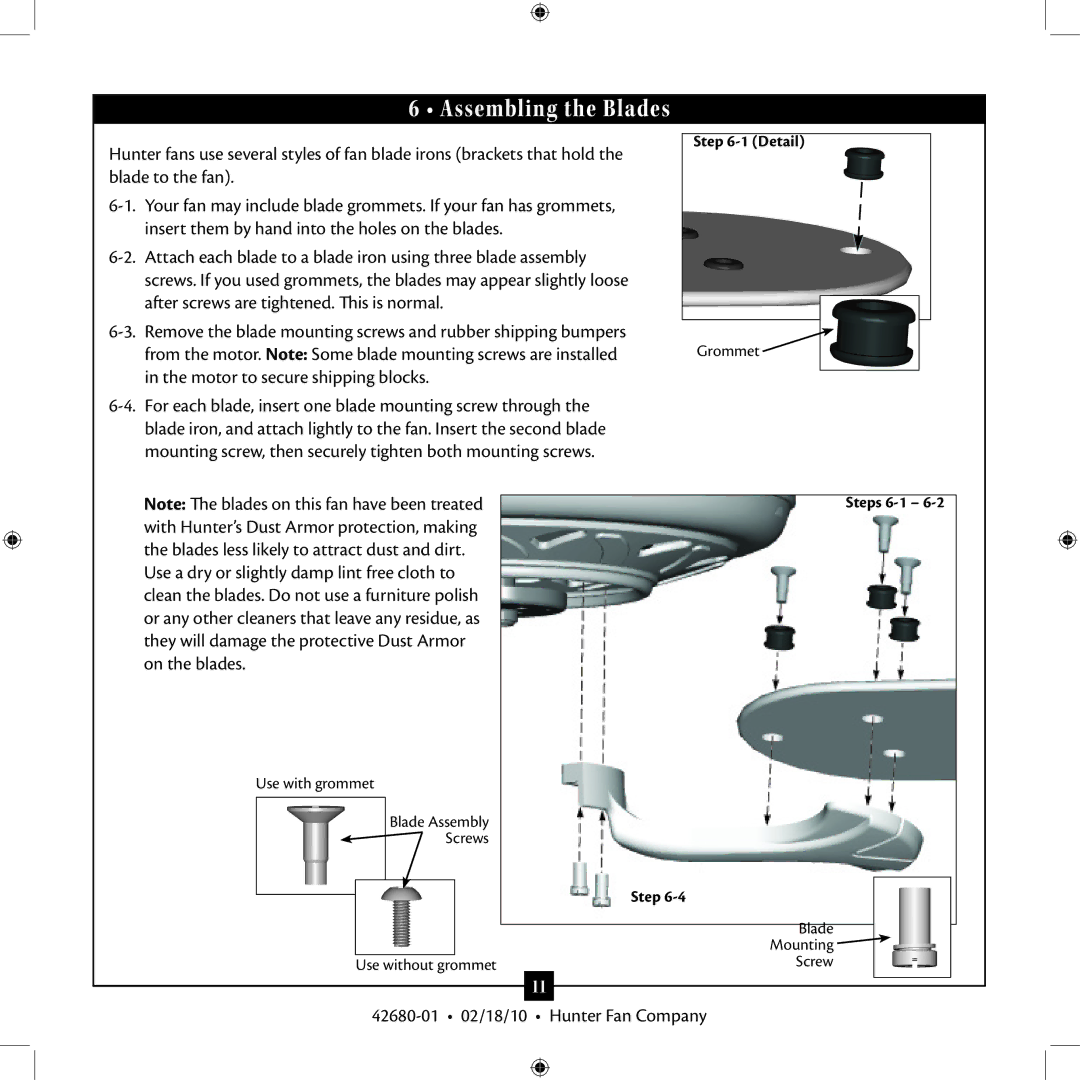 Hunter Fan 42680-01 installation manual Assembling the Blades, Motor to secure shipping blocks 