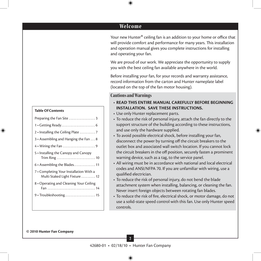 Hunter Fan 42680-01 installation manual Welcome, Table Of Contents 