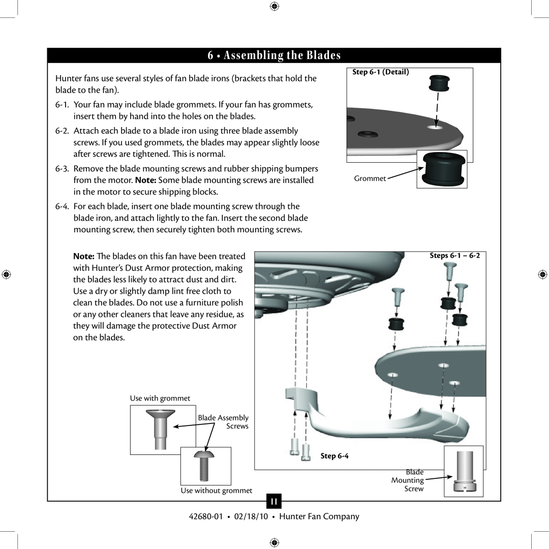 Hunter Fan 42680-01 installation manual Assembling the Blades 