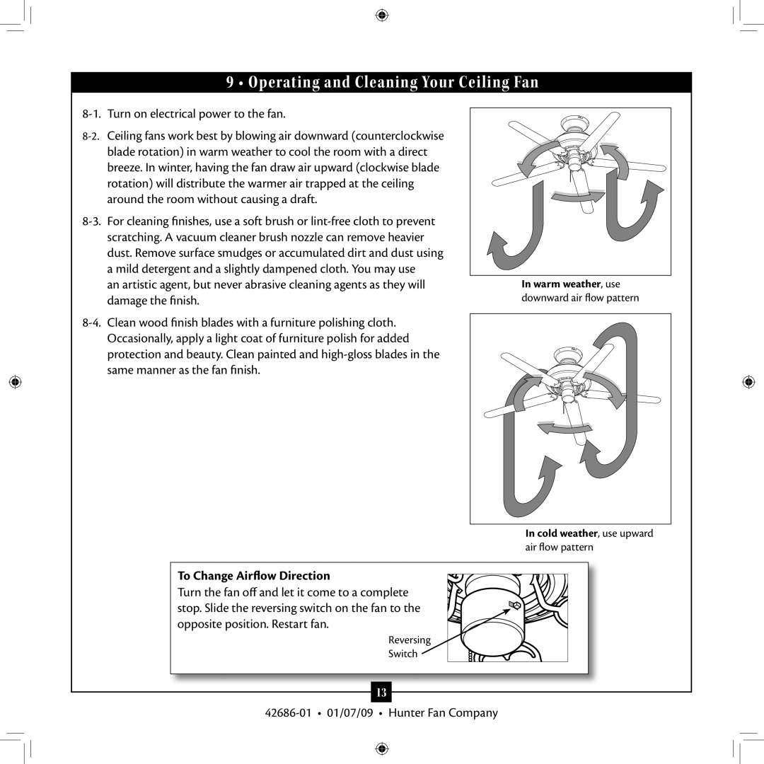 Hunter Fan 42686-01 installation manual Operating and Cleaning Your Ceiling Fan, To Change Airflow Direction 