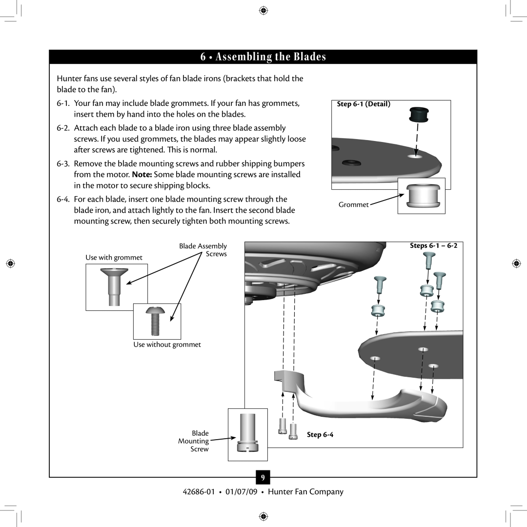Hunter Fan 42686-01 installation manual Assembling the Blades, 1 Detail, Steps 6-1 
