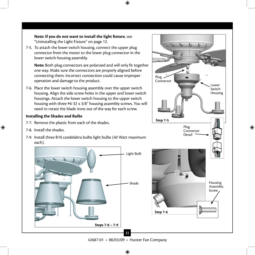 Hunter Fan 42687-01 installation manual Installing the Shades and Bulbs 