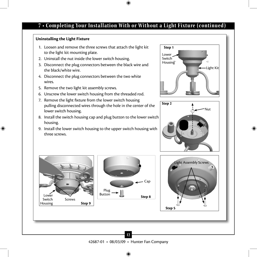 Hunter Fan 42687-01 installation manual Uninstalling the Light Fixture 