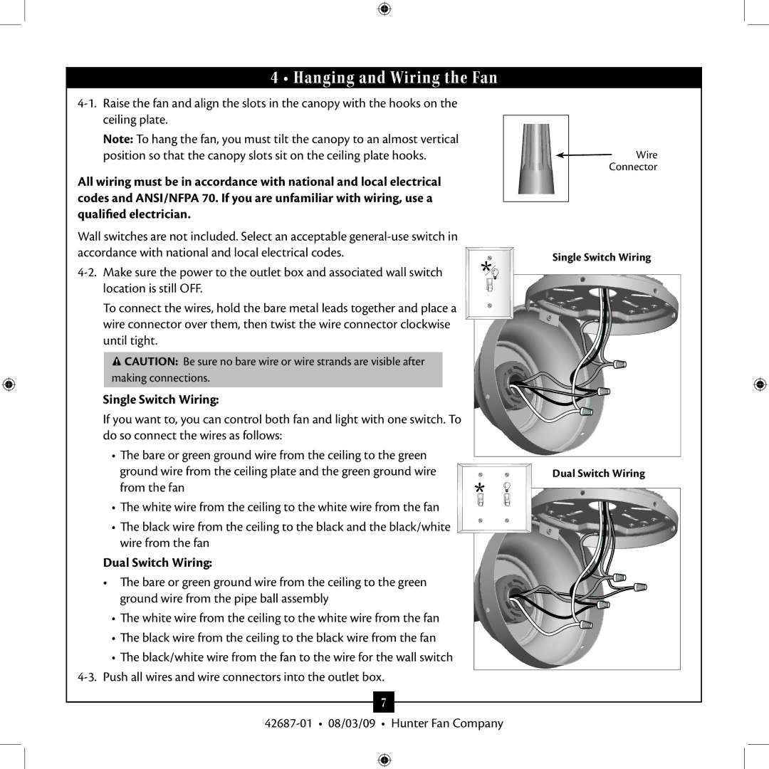 Hunter Fan 42687-01 installation manual Hanging and Wiring the Fan, Single Switch Wiring, Dual Switch Wiring 