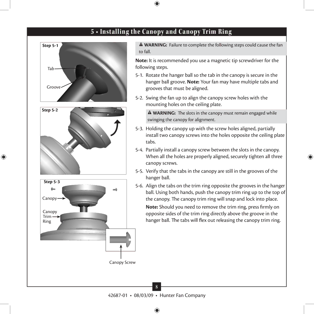 Hunter Fan 42687-01 installation manual Installing the Canopy and Canopy Trim Ring 