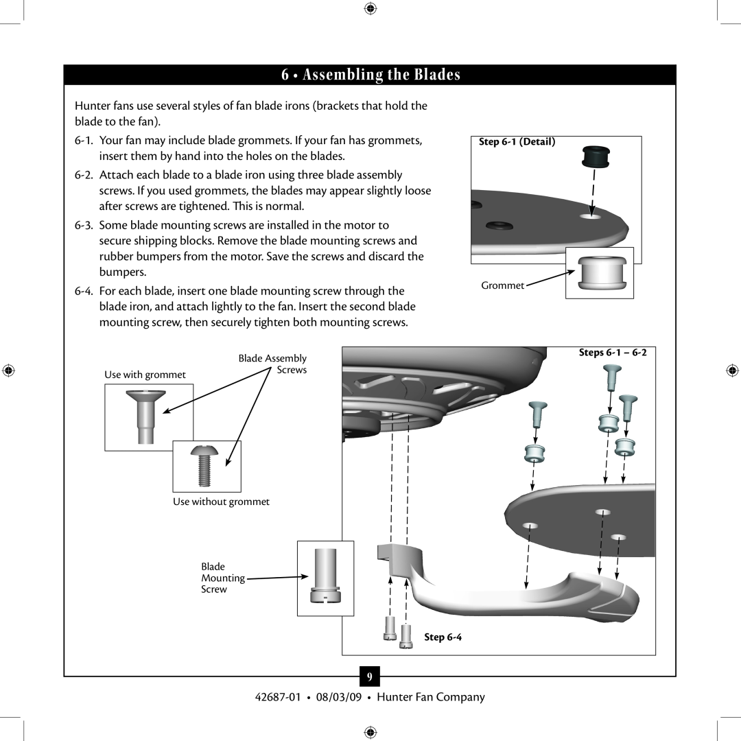 Hunter Fan 42687-01 installation manual Assembling the Blades 