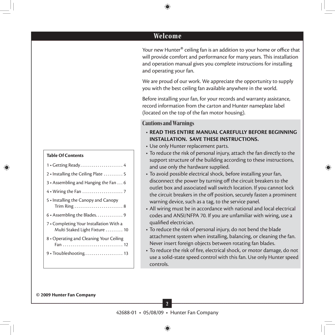 Hunter Fan 42688-01 installation manual Welcome 