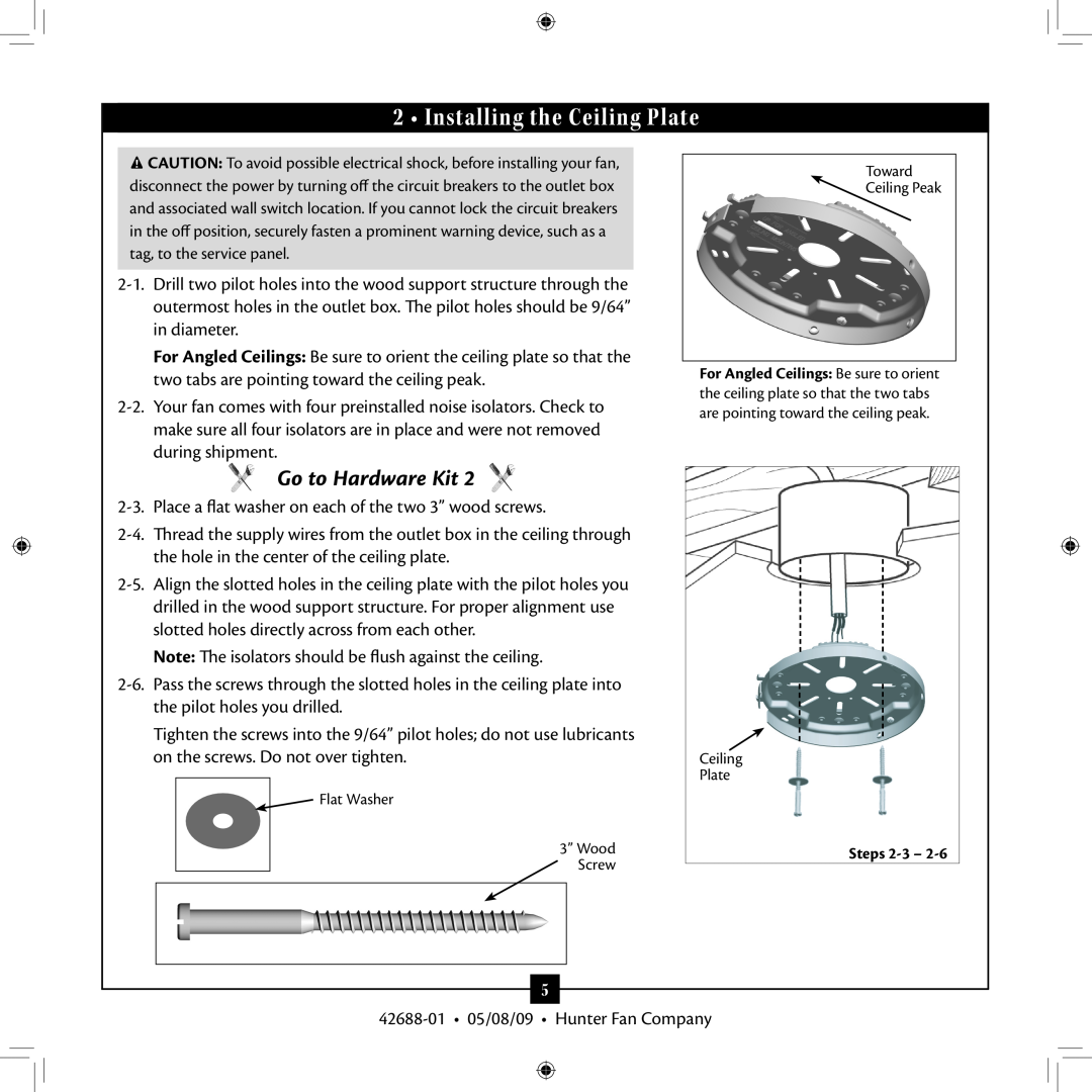 Hunter Fan 42688-01 installation manual Installing the Ceiling Plate, Go to Hardware Kit 