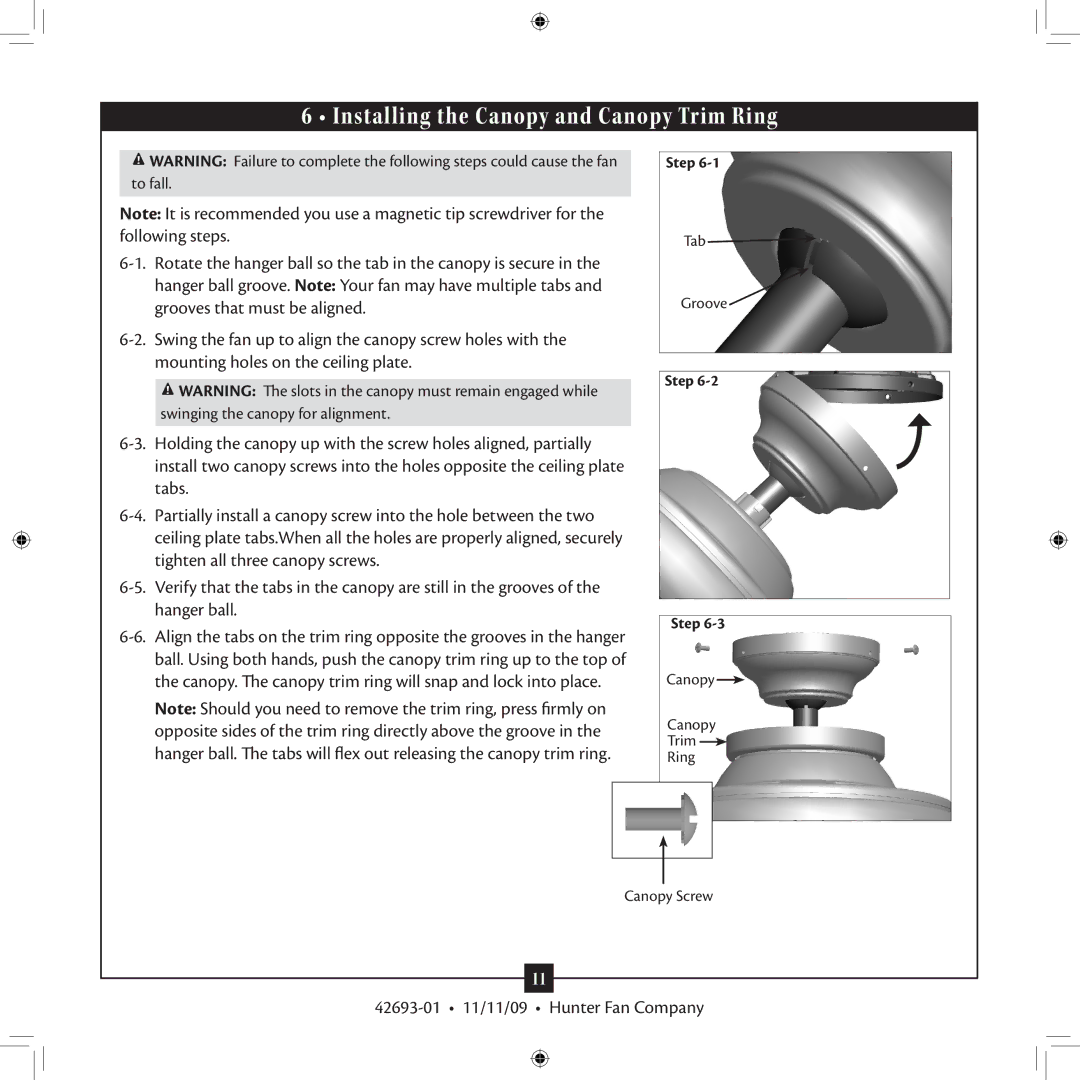 Hunter Fan 42693-01 warranty Installing the Canopy and Canopy Trim Ring 