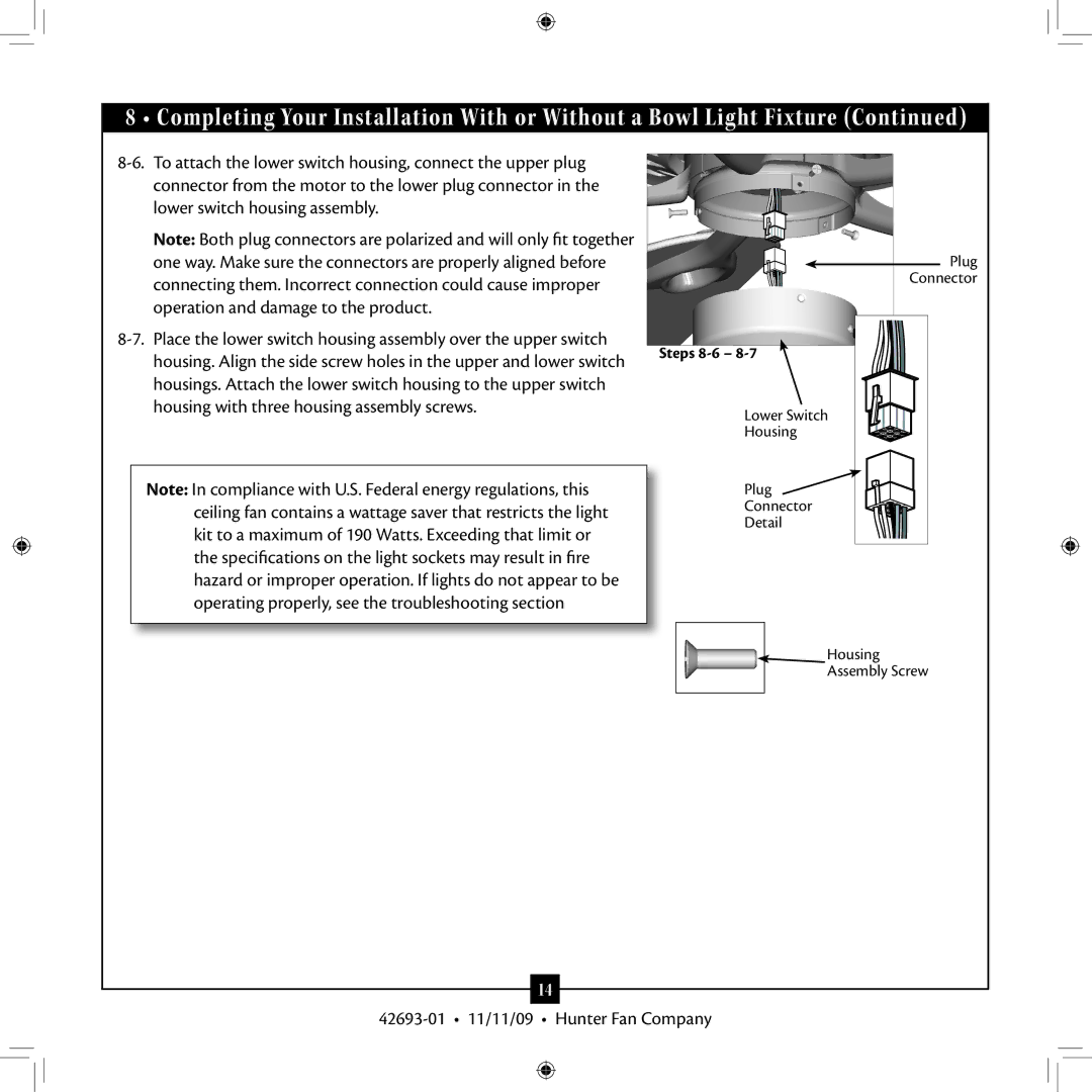 Hunter Fan 42693-01 warranty Steps 8-6 