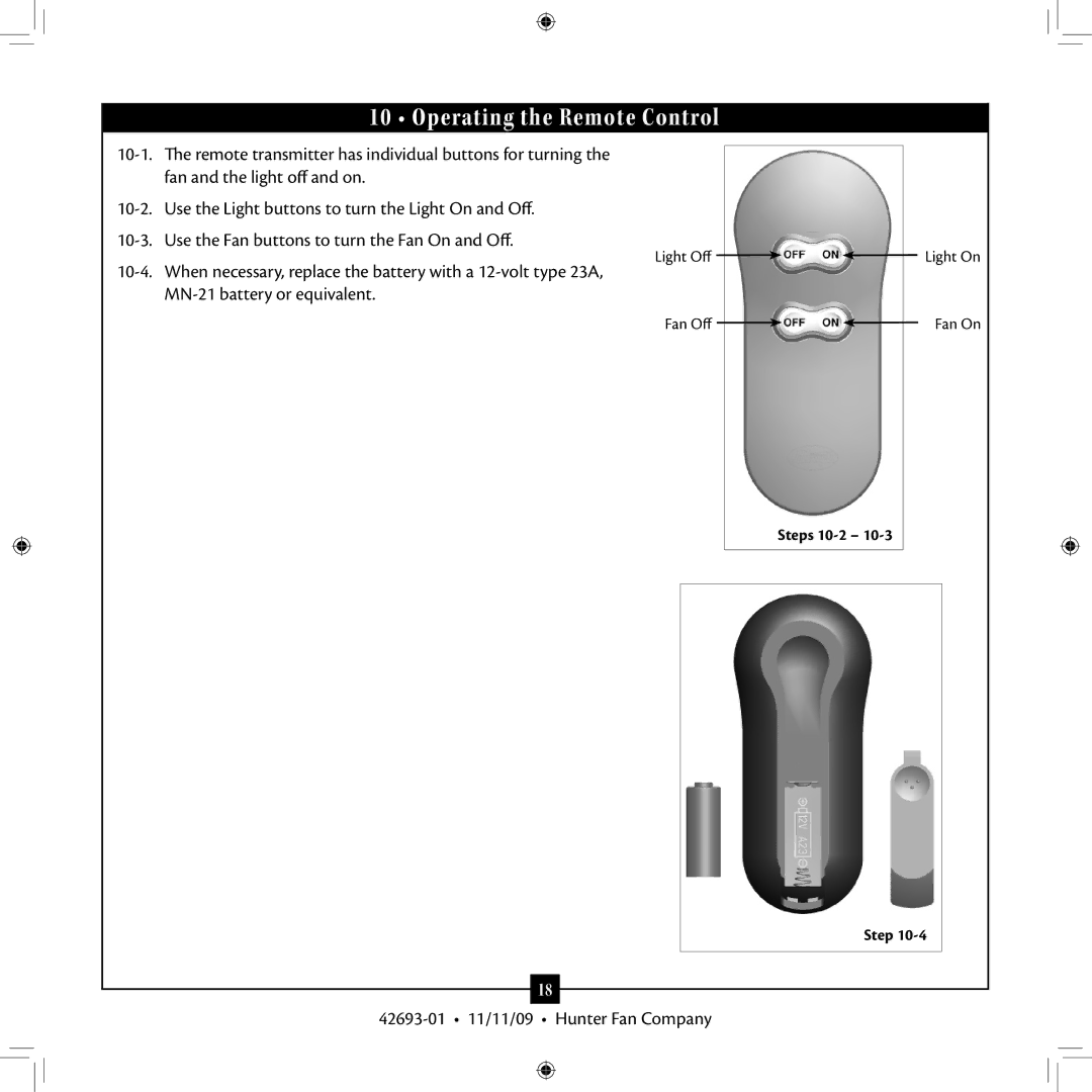 Hunter Fan 42693-01 warranty Operating the Remote Control 