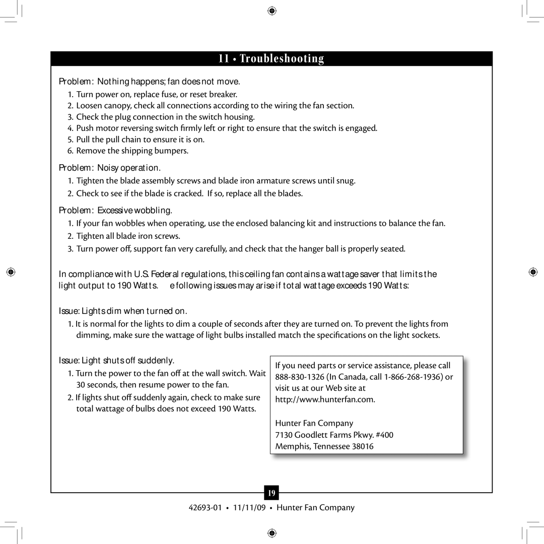 Hunter Fan 42693-01 warranty Troubleshooting 