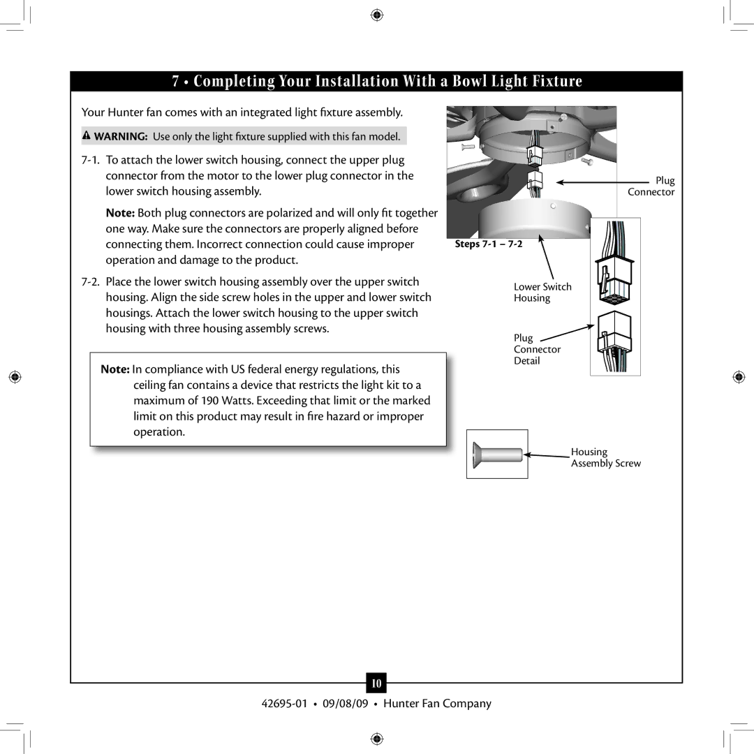 Hunter Fan 42695-01 installation manual Completing Your Installation With a Bowl Light Fixture 