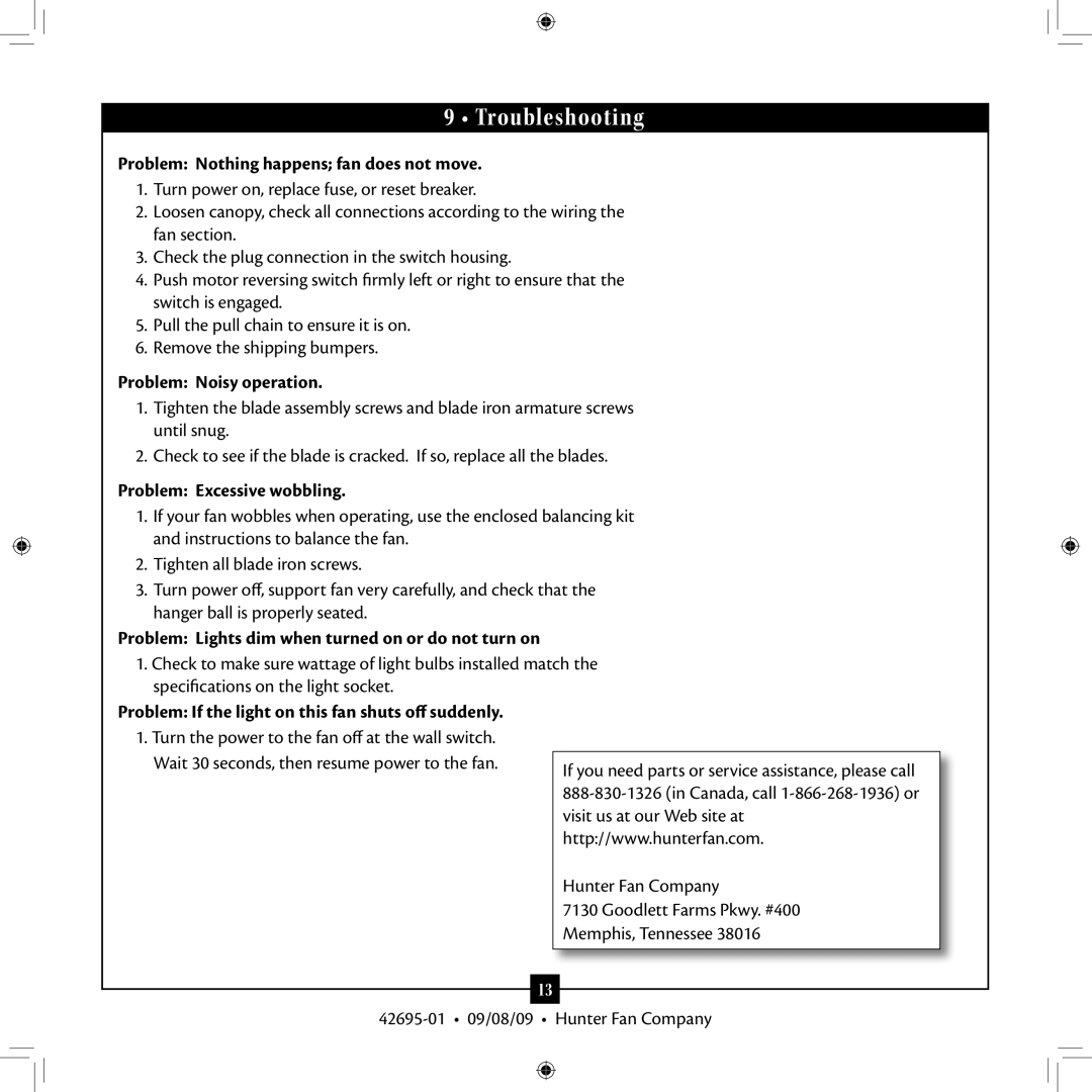 Hunter Fan 42695-01 installation manual Troubleshooting 