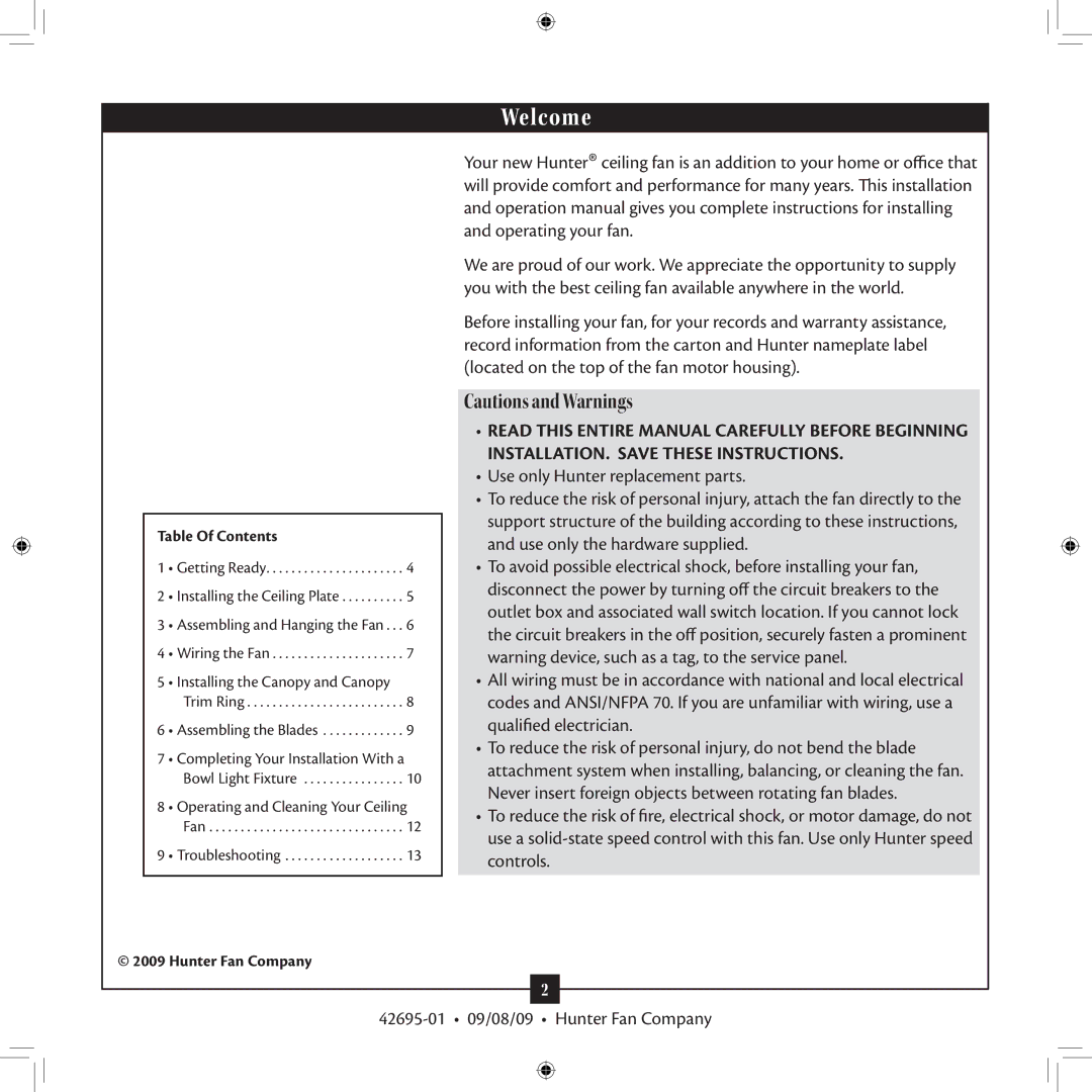 Hunter Fan 42695-01 installation manual Welcome 