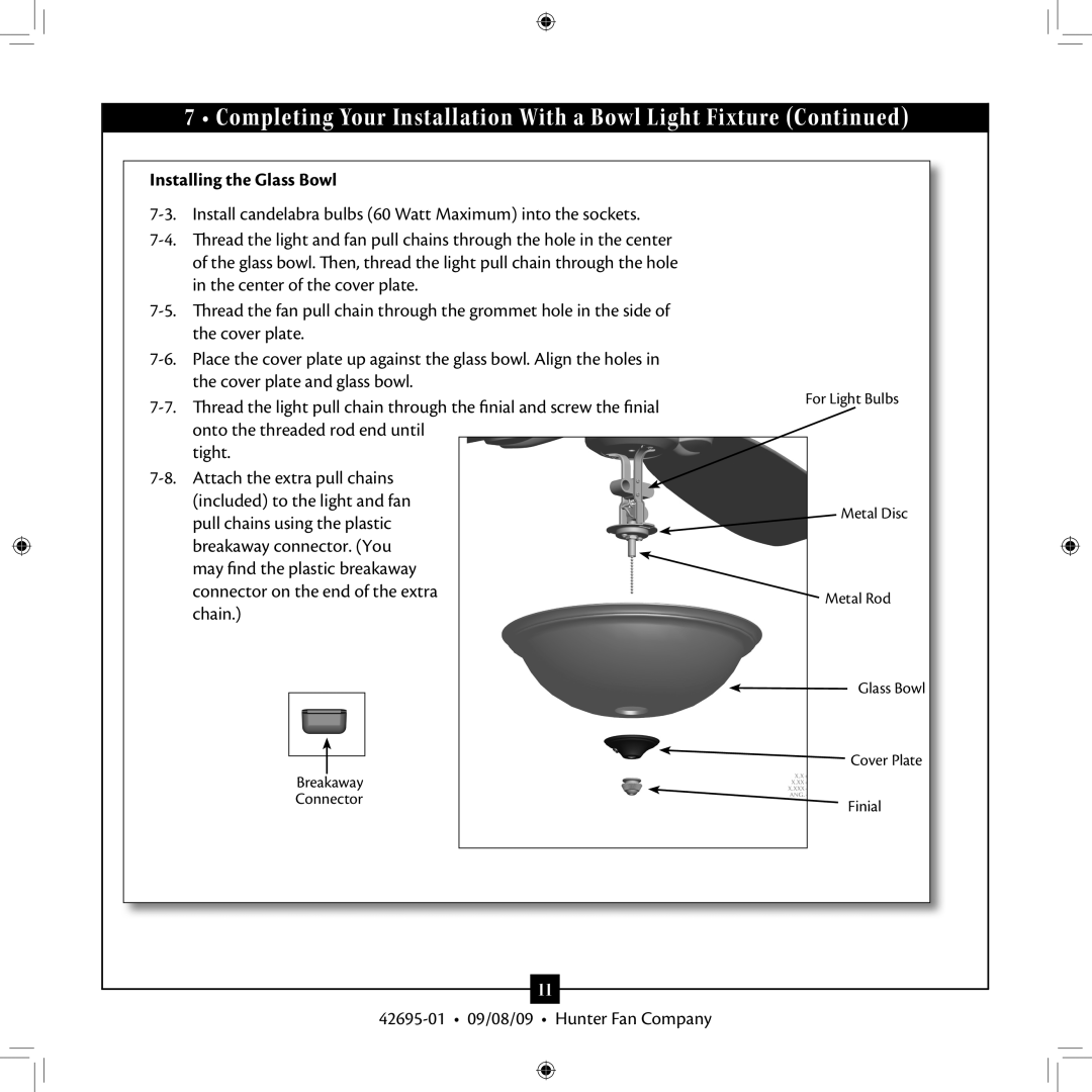 Hunter Fan 42695-01 installation manual Installing the Glass Bowl 