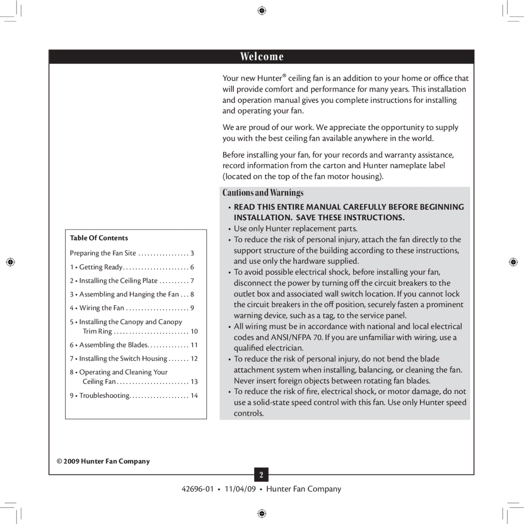 Hunter Fan 42696-01 installation manual Welcome, Table Of Contents 