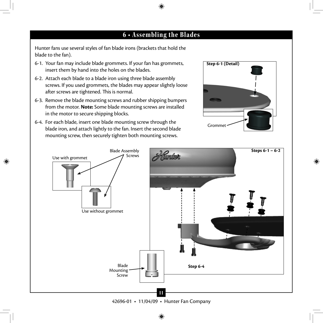 Hunter Fan 42696-01 installation manual Assembling the Blades 