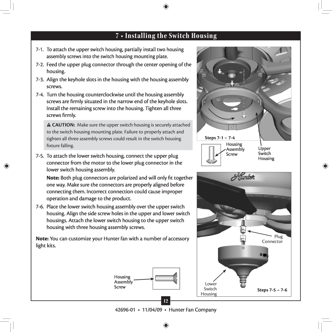 Hunter Fan 42696-01 installation manual Installing the Switch Housing 
