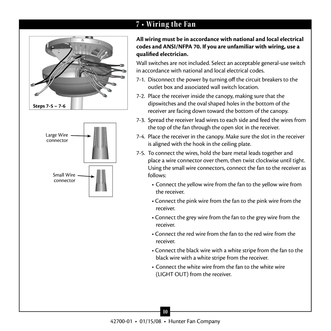 Hunter Fan 42700 warranty Wiring the Fan 