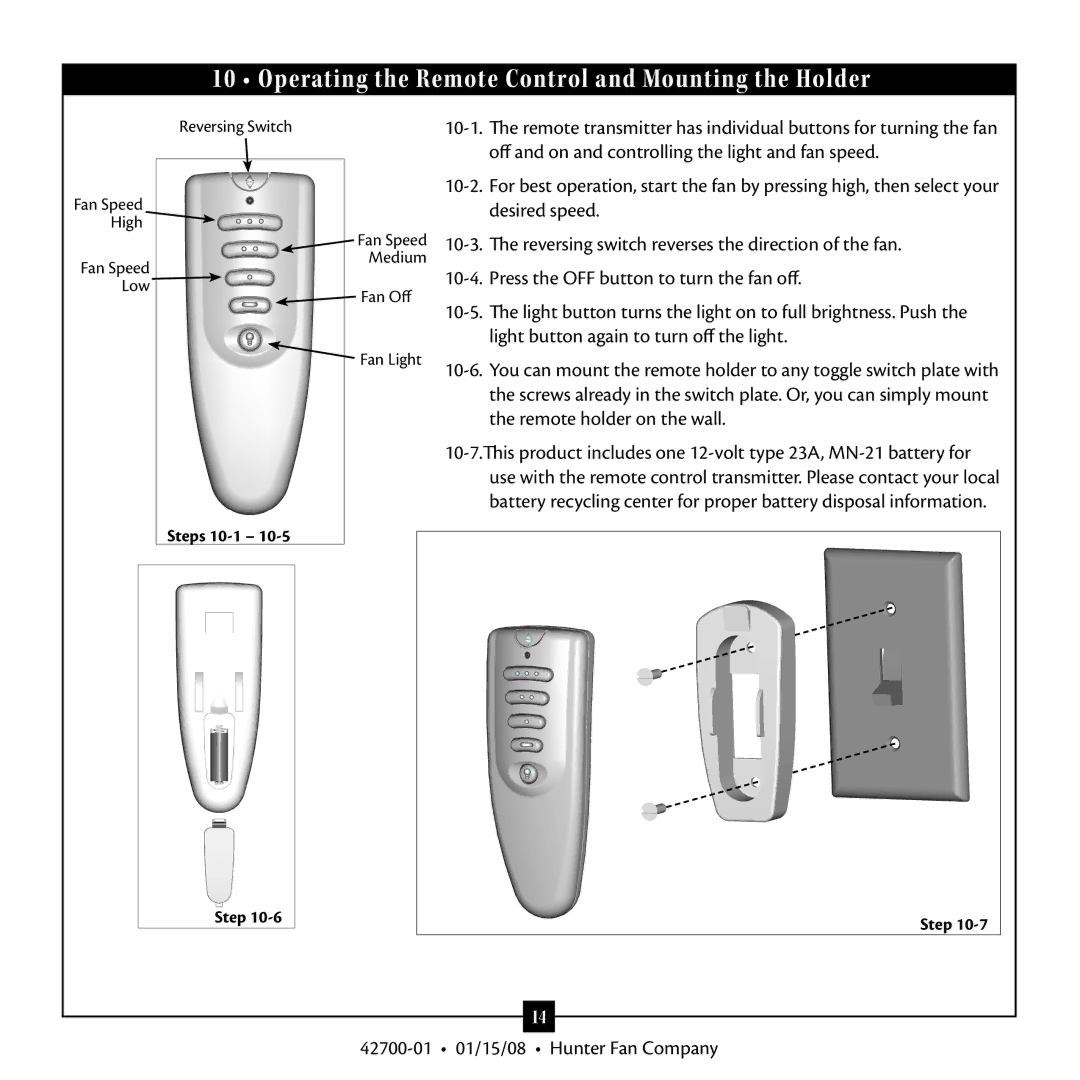 Hunter Fan 42700 warranty Operating the Remote Control and Mounting the Holder 