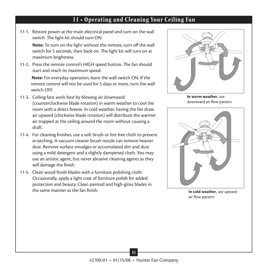 Hunter Fan 42700 warranty Operating and Cleaning Your Ceiling Fan 