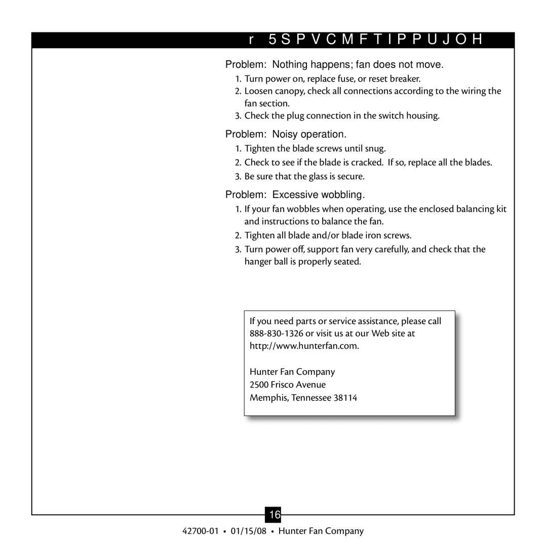 Hunter Fan 42700 warranty Troubleshooting, Problem Nothing happens fan does not move 