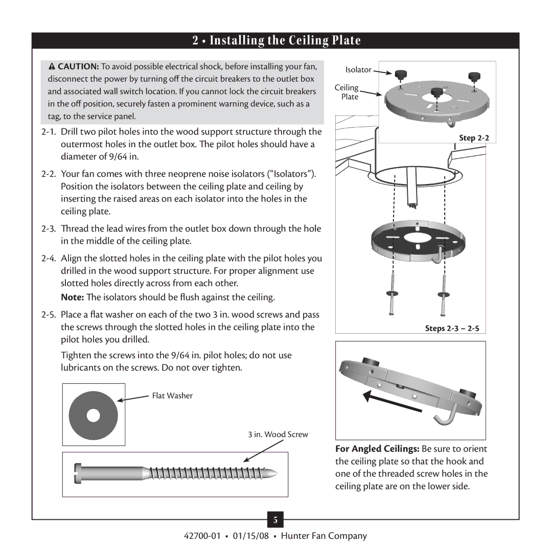 Hunter Fan 42700 warranty Installing the Ceiling Plate 