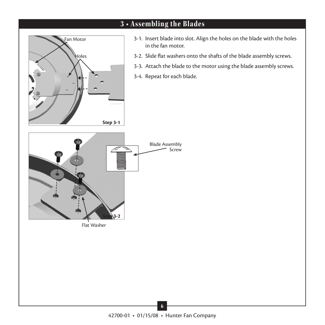 Hunter Fan 42700 warranty Assembling tbe Blades, Assembling the Blades 