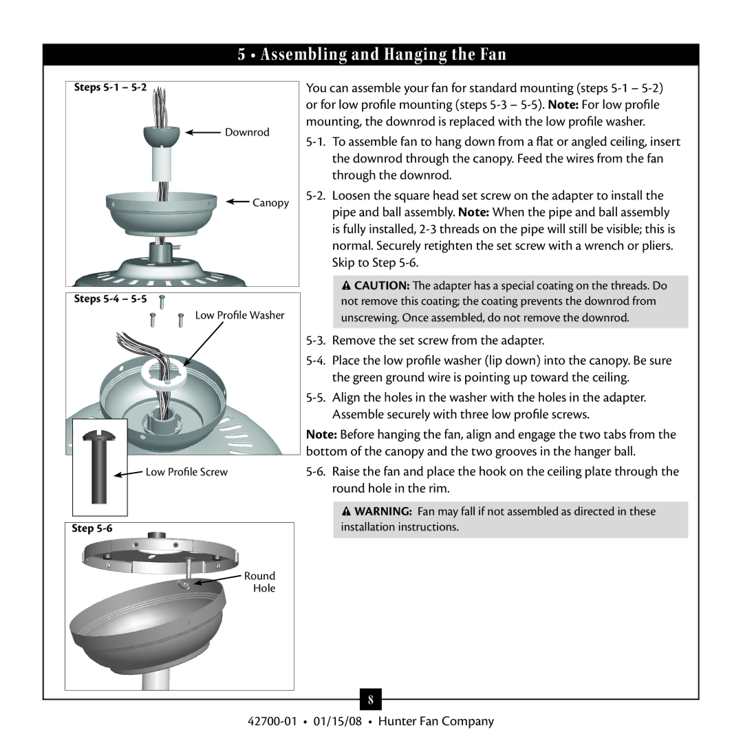 Hunter Fan 42700 warranty Assembling and Hanging the Fan, Steps 5-4 