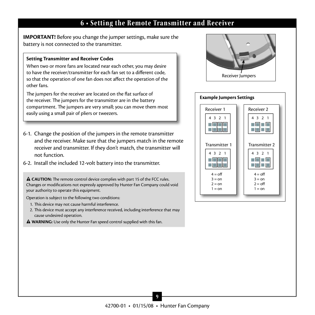 Hunter Fan 42700 warranty Setting the Remote Transmitter and Receiver, Setting Transmitter and Receiver Codes 