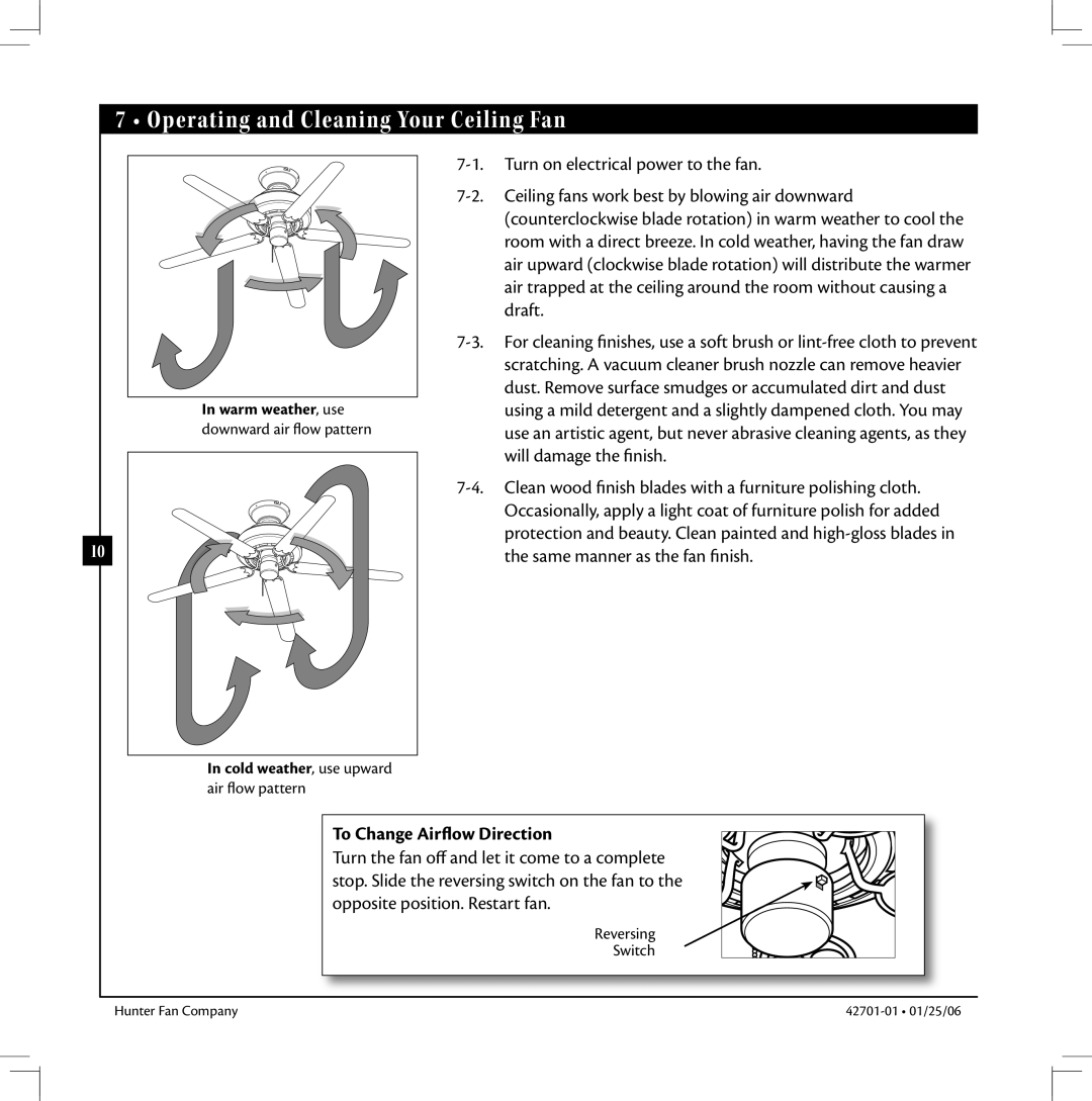 Hunter Fan 42701-01 warranty Operating and Cleaning Your Ceiling Fan, To Change Airflow Direction 