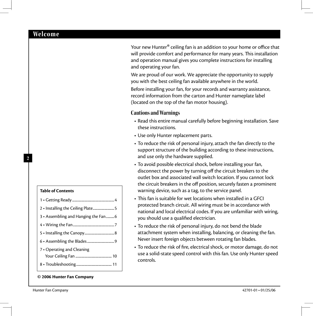 Hunter Fan 42701-01 warranty Welcome, Table of Contents, Hunter Fan Company 