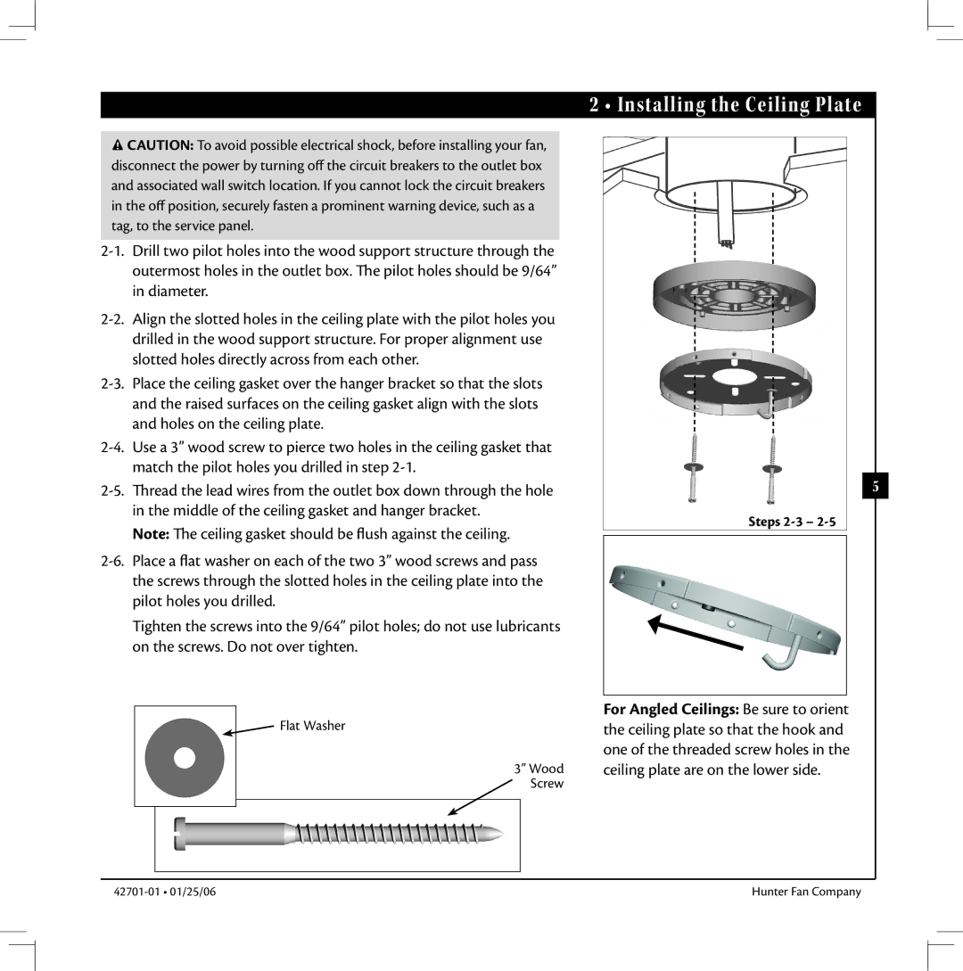 Hunter Fan 42701-01 warranty Installing the Ceiling Plate, Steps 2-3 