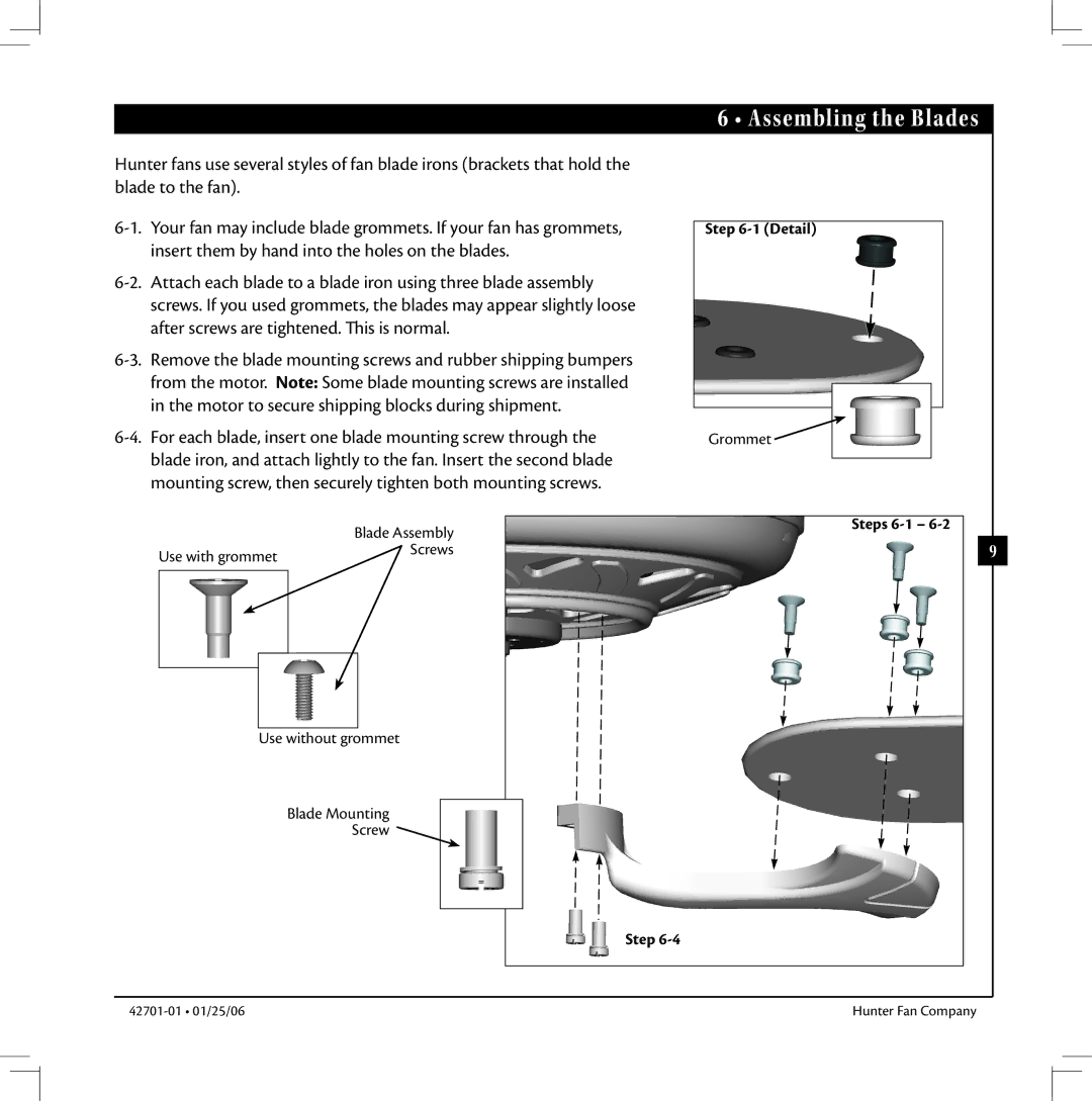 Hunter Fan 42701-01 warranty Assembling the Blades, Detail, Steps 6-1 