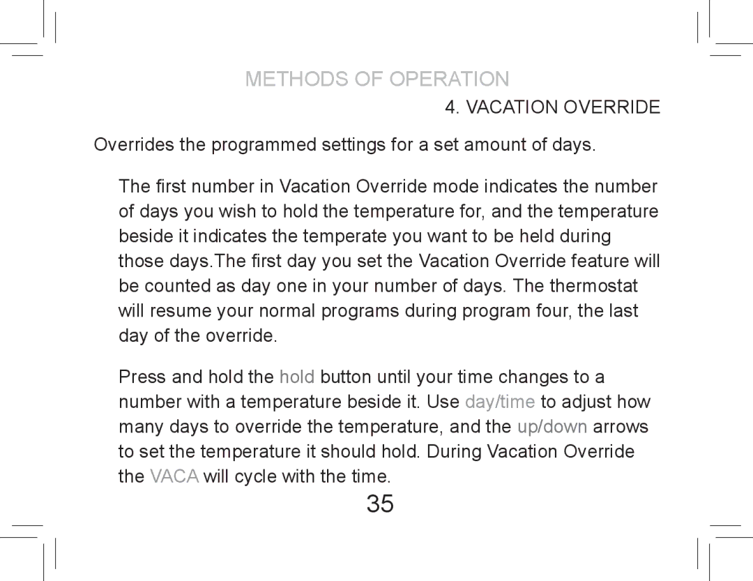 Hunter Fan 42710-01 operation manual Vacation Override 