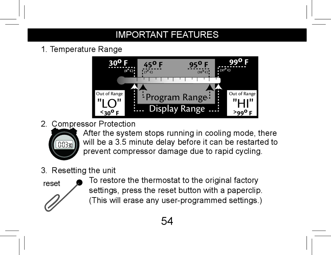 Hunter Fan 42710-01 operation manual Important features, Program Range 