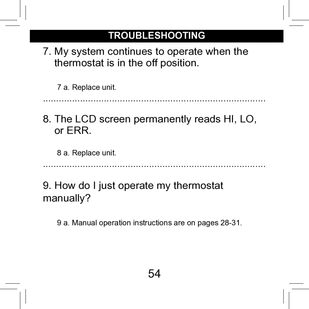 Hunter Fan 42711-01 operation manual LCD screen permanently reads HI, LO, or ERR 