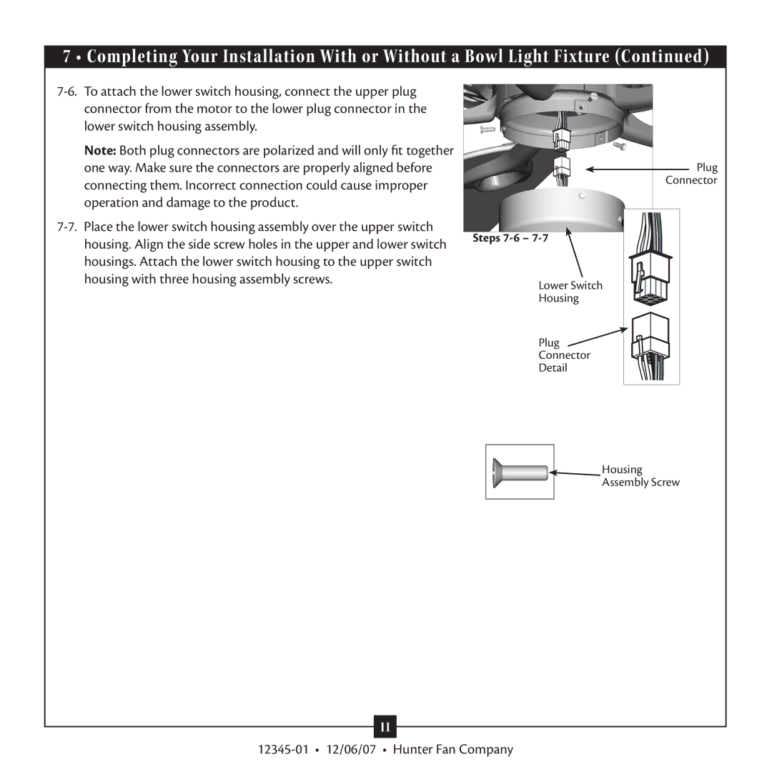 Hunter Fan 42724-01 warranty Steps 7-6 