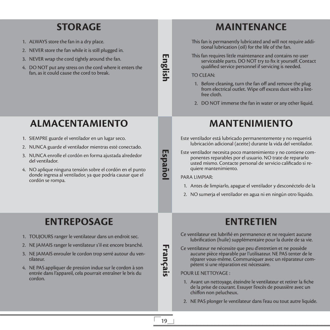 Hunter Fan 90171, 42729, 20081008 installation manual Maintenance, Mantenimiento, Entreposage, Entretien 