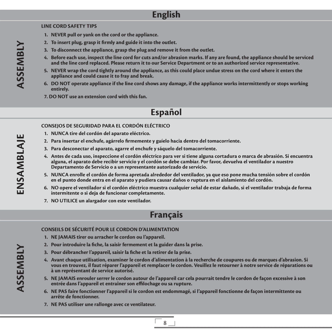Hunter Fan 20081008, 42729, 90171 installation manual Assembly Ensamblaje, Line Cord Safety Tips 