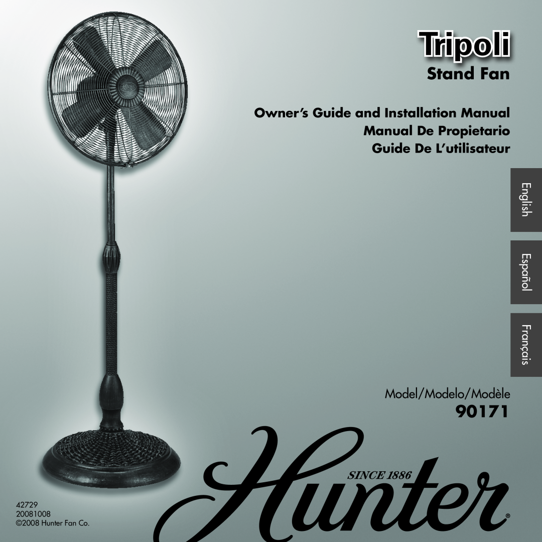 Hunter Fan 90171, 42729 installation manual Stand Fan, Tripoli, Owner’s Guide and Installation Manual, Model/Modelo/Modèle 