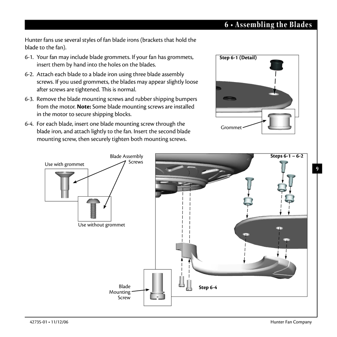 Hunter Fan 42735-01 warranty Assembling the Blades, Insert them by hand into the holes on the blades 