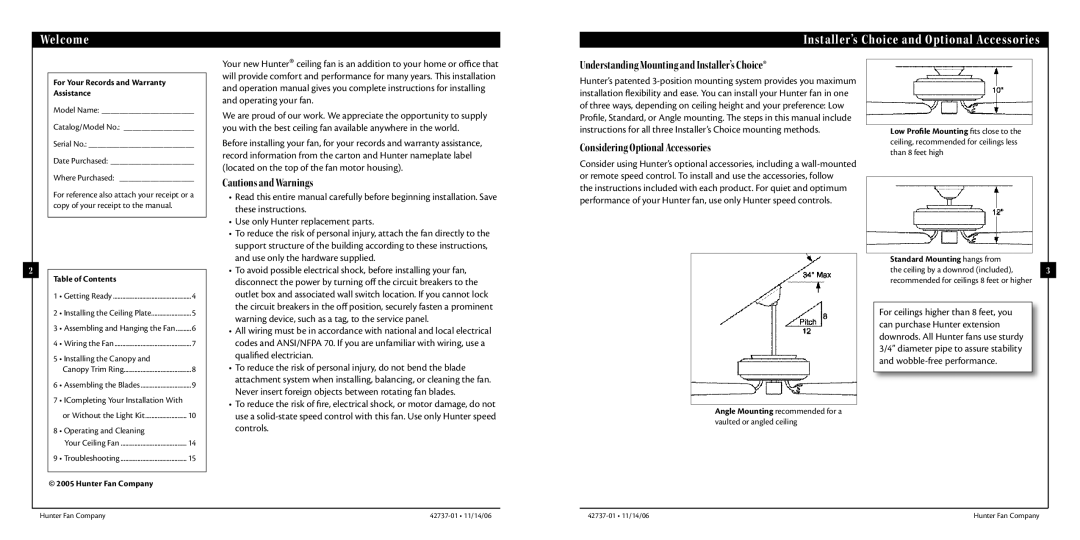 Hunter Fan 42737-01 Welcome Installer’s Choice and Optional Accessories, Understanding Mounting and Installer’s Choice 